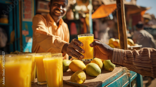 Indian Juice Vendor Serving a Glass of Mango Lassi to a Customer - Street Food