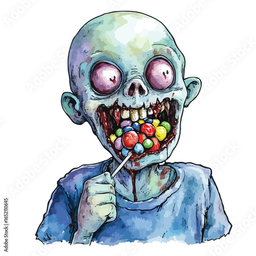 Zombie Child Devouring Colorful Candy Lollipop