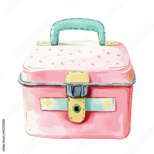 Watercolor Style Pink Suitcase with Mint Handle and Gold Latch