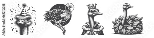 Vintage Hand-Drawn Ostrich Astronaut Illustration – Bird Engraved Style Vector for T-Shirts, Posters, Stickers, and Space-Themed Apparel