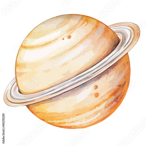 Watercolor Style Saturn with Prominent Rings and Muted YellowOrange Hues