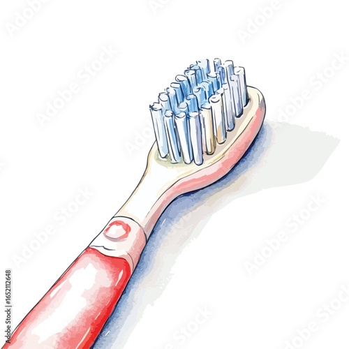 Watercolor Style Toothbrush with Blue Bristles and Red Handle