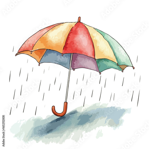 Watercolor Style Umbrella with Rainbow Colored Panels in Rain Puddle