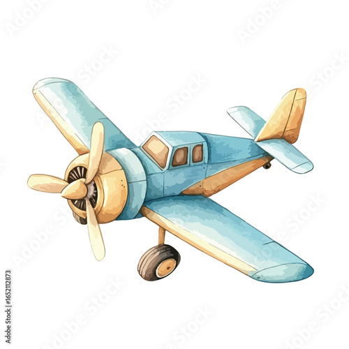 Watercolor Style Vintage Airplane with Blue and Yellow Accents Detailed Propeller