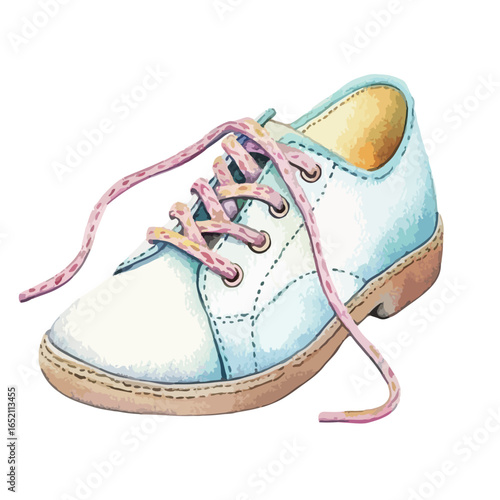 Watercolor Style White Shoe with Pink Laces Brown Sole and Blue Accents