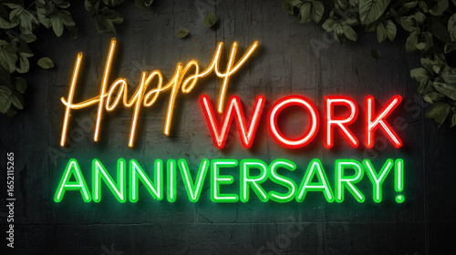 Happy Work Anniversary Neon Sign With Leaves On Dark Wall