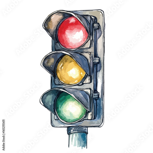 Watercolor Traffic Light with Red Yellow and Green Signals Illuminated