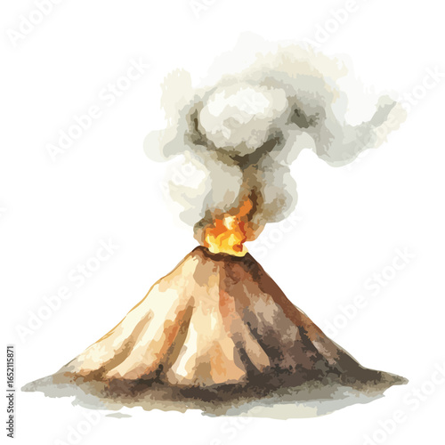 Watercolor volcano erupting with fiery lava and billowing smoke plumes