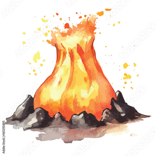 Watercolor volcano eruption with fiery lava and dark rocky base illustration