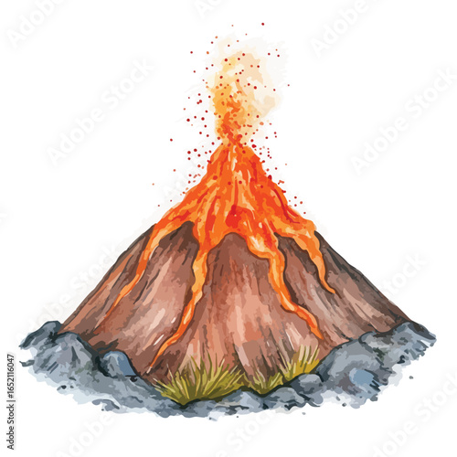 Watercolor Volcano Eruption with Flowing Lava and Surrounding Rocks and Grass