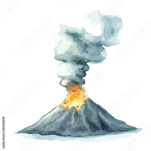 Watercolor Volcano Eruption with Gray Ash Plume