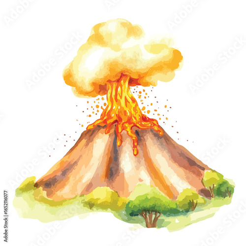 Watercolor Volcano Eruption with Lava Flow and Ash Cloud Surrounded by Greenery