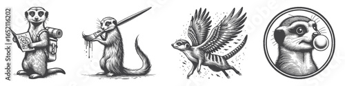 Vintage Hand-Drawn Meerkats Illustration, On Adventure with Maps Engraved Vector for Exploration and T-Shirt Design