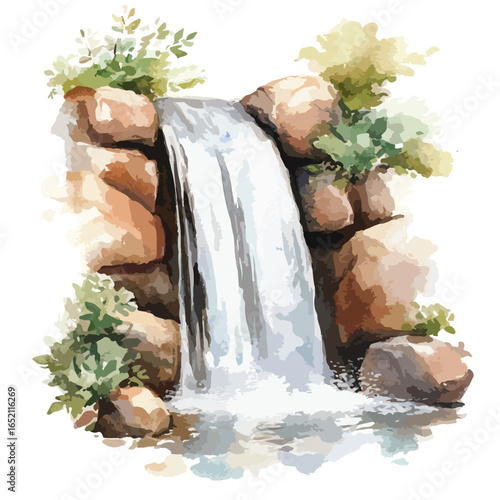 Watercolor Waterfall Cascade with Lush Greenery and Textured Rock Formations