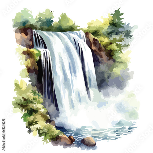 Watercolor Waterfall Cascade with Lush Greenery and Rocky Outcrops