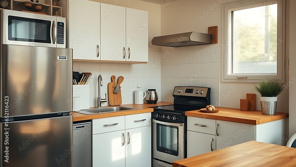 Fototapeta premium A cozy compact kitchen featuring stainless steel appliances and a warm wooden countertop in natural light.