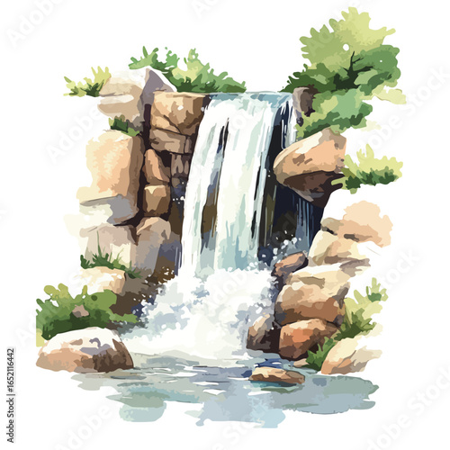 Watercolor Waterfall Cascade with Rocky Outcrops and Lush Greenery