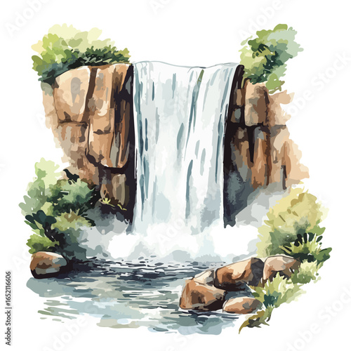 Watercolor Waterfall Cascading Over Rocky Cliffs with Lush Greenery
