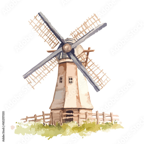 Watercolor windmill with weathered blades and a rustic fence in a grassy field