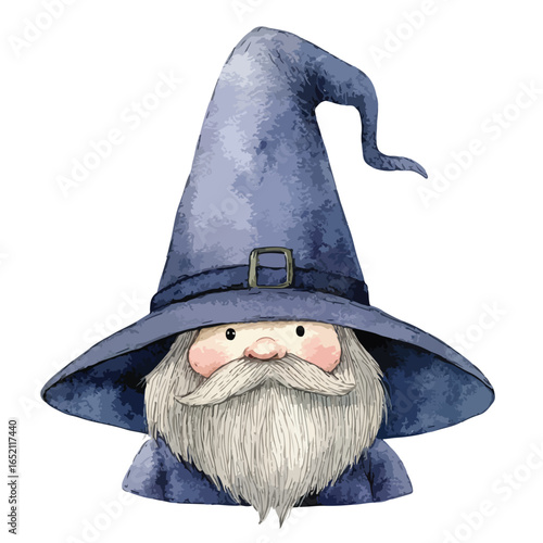 Watercolor Wizard Portrait with Buckled Hat and Flowing White Beard