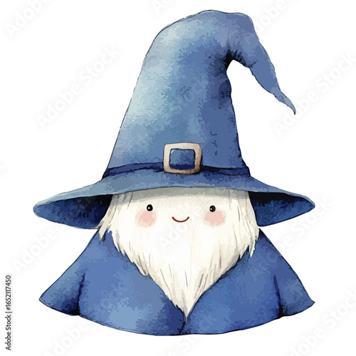 Watercolor Wizard with Blue Hat and Beard featuring a charming smile