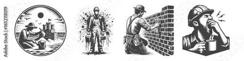 Vintage Hand-Drawn Construction Worker Illustration, Sleepy with Coffee Engraved Vector for Work and T-Shirt Design
