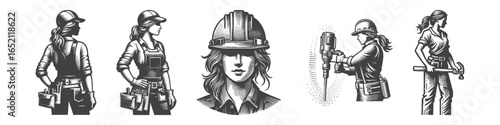 Vintage Hand-Drawn Female Construction Worker Illustration, Full Body Wearing Helmet Engraved Vector for Work and T-Shirt Design
