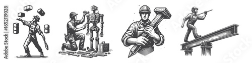Vintage Hand-Drawn Construction Worker Illustration, Assembling Robot Engraved Vector for Technology and T-Shirt Design