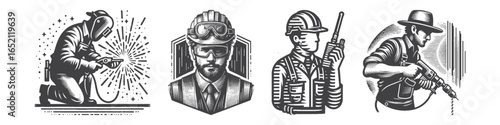 Vintage Hand-Drawn Construction Worker Illustration, Drilling Engraved Vector for Work and T-Shirt Design