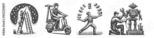 Vintage Hand-Drawn Construction Worker Illustration, With Bricks Engraved Vector for Masonry and T-Shirt Design