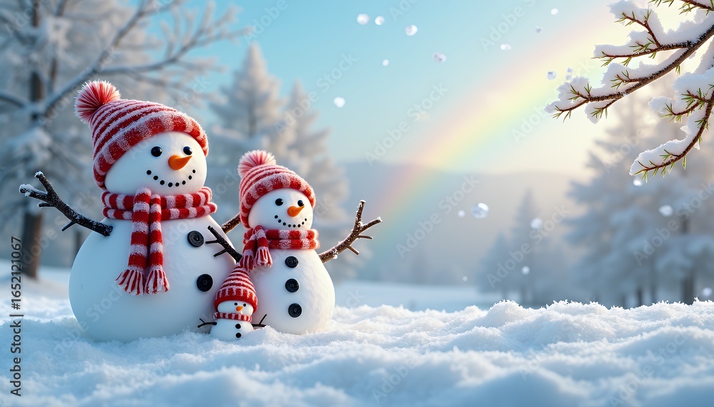 Fototapeta premium Three cheerful snowmen with red hats and scarves stand in a snowy landscape, with a rainbow and snow-dusted trees under a clear, bright sky.