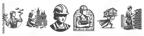 Vintage Hand-Drawn Construction Worker Illustration, Building Sand House Engraved Vector for Fun and T-Shirt Design