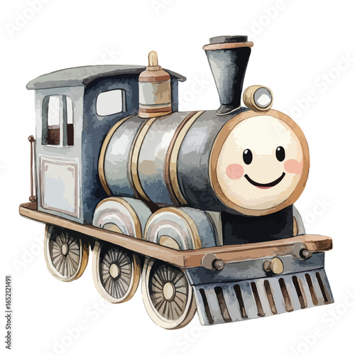Whimsical Watercolor Train with Smiling Face and Playful Design