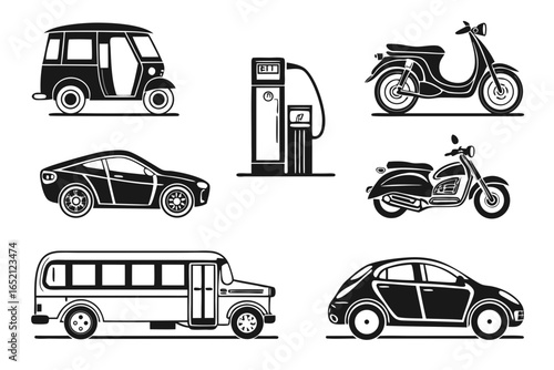 Various vehicles and fuel station