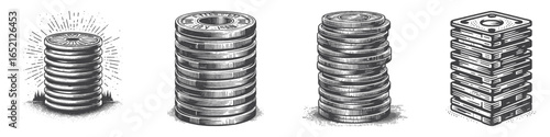Vintage Hand-Drawn Coin Illustration, Classic Currency Engraved Vector for Finance and T-Shirt Design