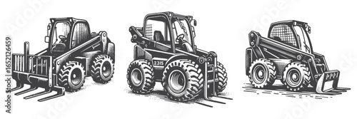 Vintage Hand-Drawn Skid Steer Loader Illustration, Construction Machinery Engraved Vector for Work and T-Shirt Design