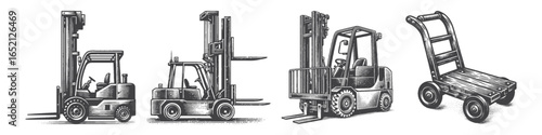 Vintage Hand-Drawn Reach Truck Illustration, Industrial Vehicle Engraved Vector for Warehouse and T-Shirt Design