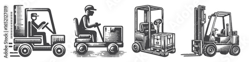 Vintage Hand-Drawn Order Picker Illustration, Industrial Vehicle Engraved Vector for Warehouse and T-Shirt Design
