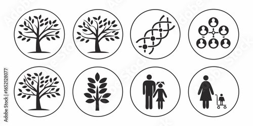 Family tree and biology icons isolated on white background