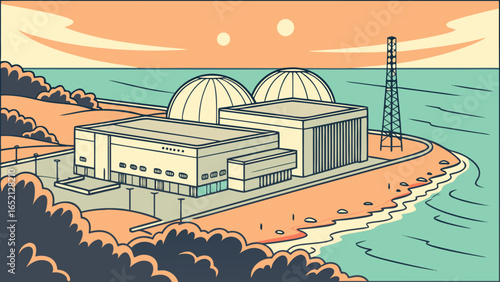 Modern Coastal Nuclear Power Plant – Photorealistic View of Containment Structure, Cooling Towers, and Turbine Hall Under Clear Skies