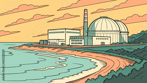 Modern Coastal Nuclear Power Plant – Photorealistic View of Containment Structure, Cooling Towers, and Turbine Hall Under Clear Skies