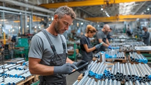 Worker inspecting metal pipes in factory setting