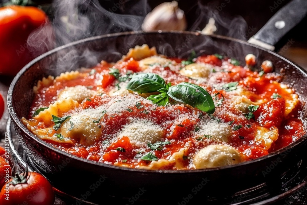 Delicious ravioli topped with rich tomato sauce. Delicious ravioli topped with rich tomato sauce.