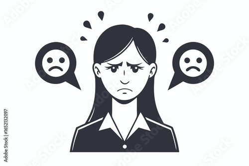 Monochrome Art of Woman with Worried Expression on White Background