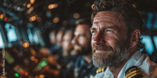 Photo of a male cargo ship captain performing her duties in the control room