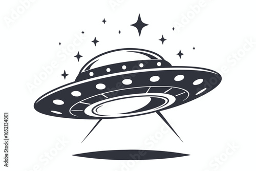Detailed UFO Flying Saucer Black And White Design With Clouds On White Background