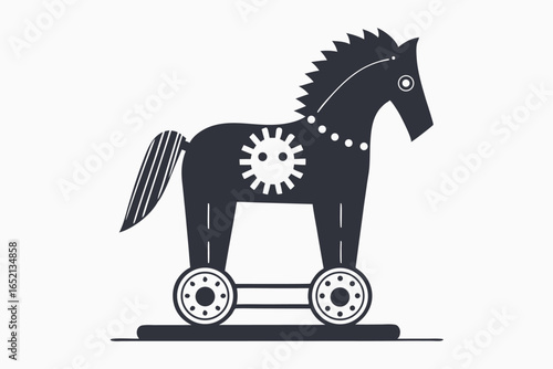 Dark Gray Horse with Corona on Wheels Isolated on White Background
