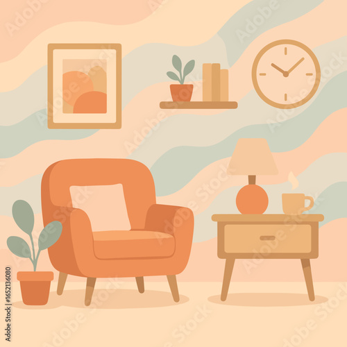 Cozy living room interior with armchair, lamp, and plants  