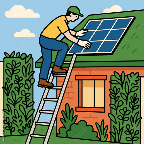 Man installing solar panels on a house roof during daylight  