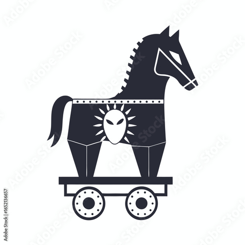 Minimalist Trojan Horse on Wheels with Alien Face on White Background